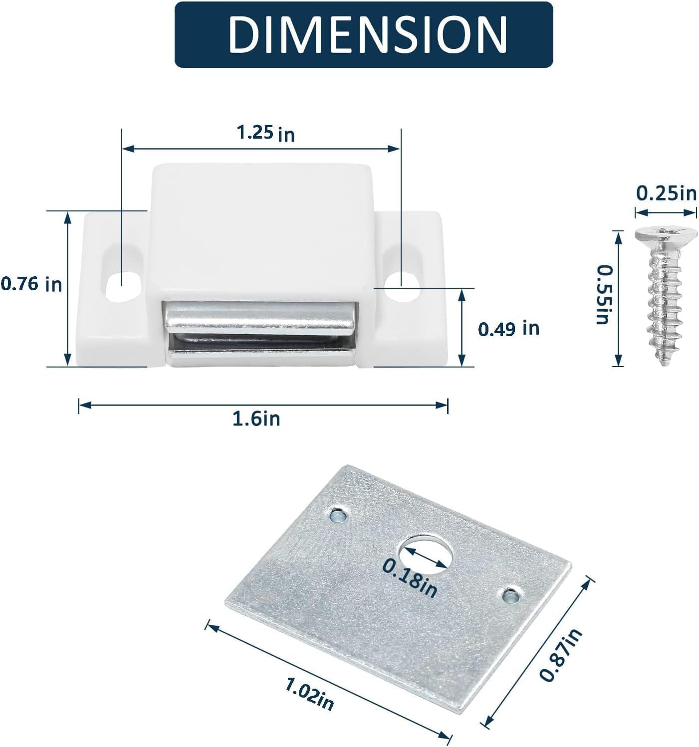Magnetic Door Catch, 12-Pack, White | 0.76in Narrow Body, 2.36in (60mm) Screw Hole Spacing, 15lb Holding Force