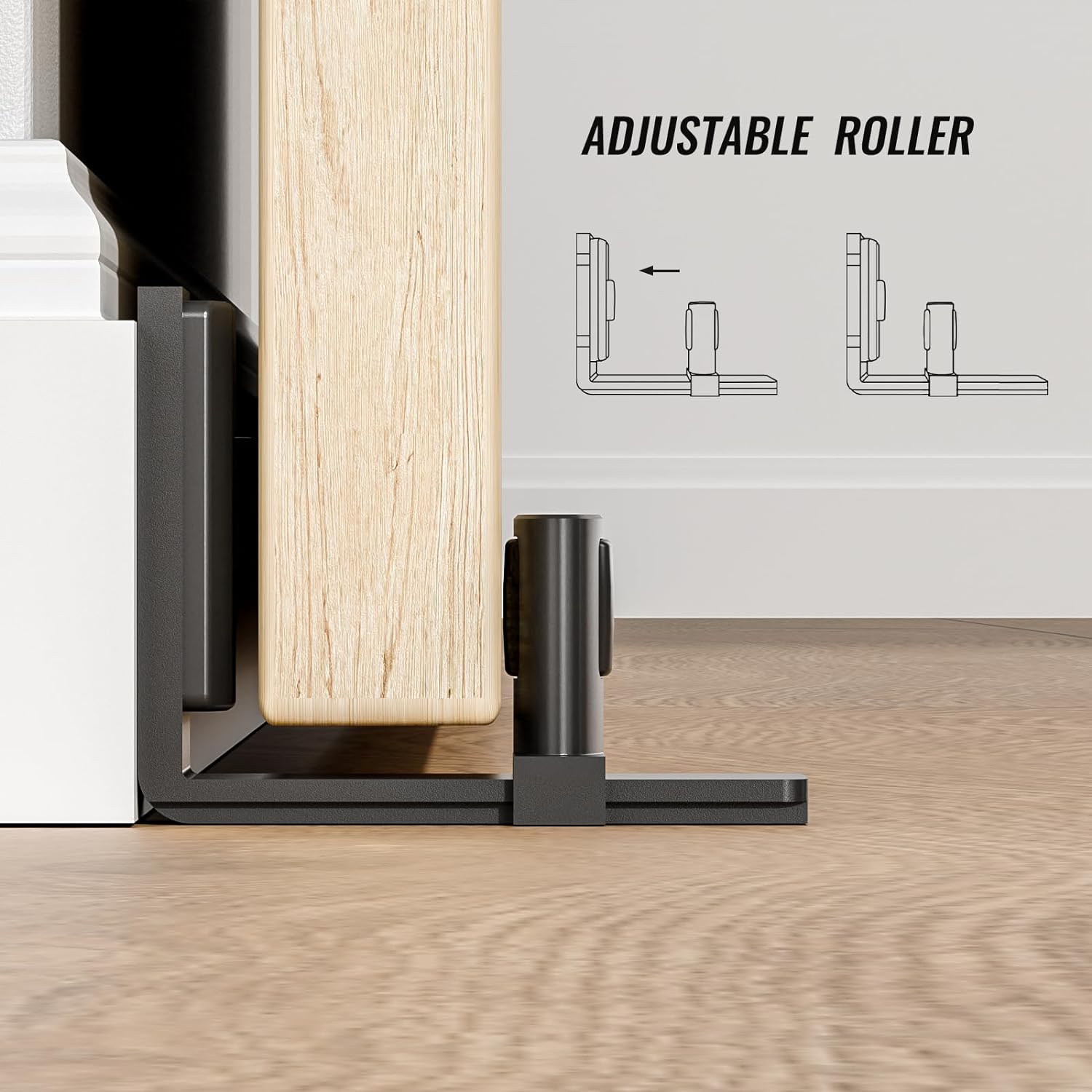 1 Pack Upgraded Sliding Barn Door Bottom Floor Guide with Adjustable Roller, Wall Mount Floor Guide, Smoothly and Quietly, Easy to Install, Fits up to 2" Thickness Door