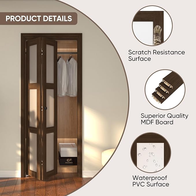 Bifold Closet Door, 30Inch Bi fold Interior Doors with Hardware Kit Include, 3-lite Tempered Frosted Glass Doors, Solid Wood Closet Door with MDF & Water-Proof PVC Surface, Brown