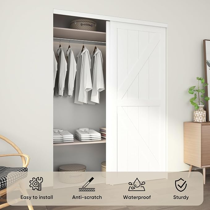  60"(Double 31") x80" Sliding Closet Door, K Style Bypass Closet Door with Hardware Kit & Matching Fascia, Preassembled Solid Wood Slab with Water-Proof PVC Surface, Easy to Install, White