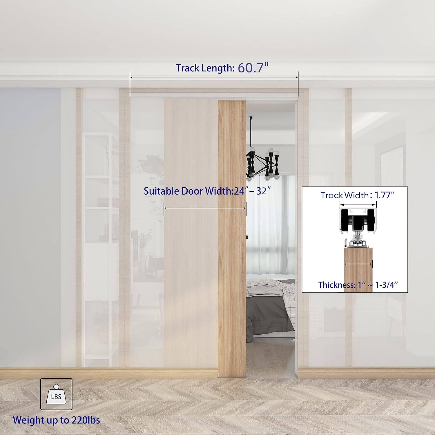 5.3FT Commercial Grade Pocket Door Hardware and Track Set, Sliding Door Hardware 60.7", Durable and Smoothly, Easy to Install