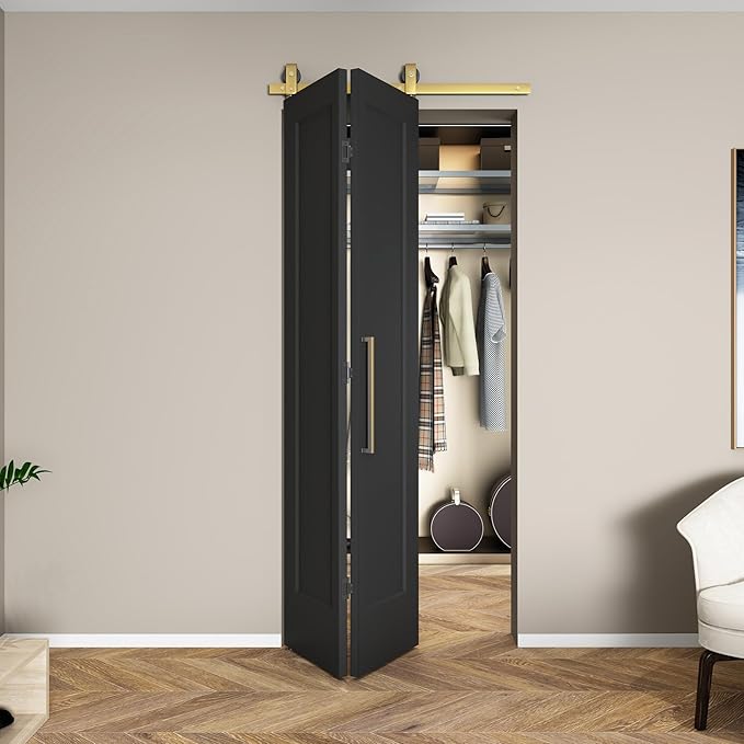 36 in. x 84 in. Bi-fold Barn Door, 1 Panel Bi-Fold Sliding Barn Door Hollow Core Interior Folding Doors with Brushed Gold Finish Hardware Kits Include, Vinyl Wrapped Textured Black