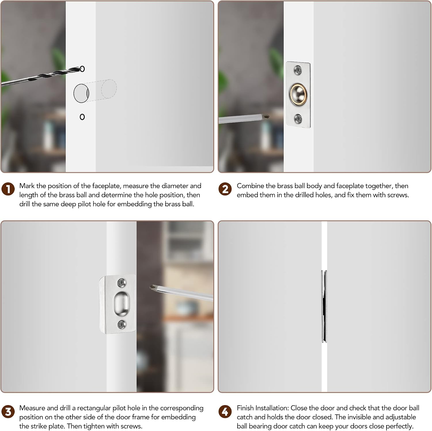 2 Pack Adjustable Door Ball Catch, Silver Closet Door Latch, Solid Brass Body & Stainless Steel Strike Plate
