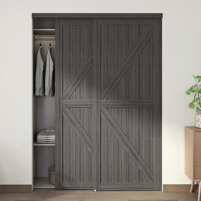 60"(Double 31") x80 Sliding Closet Door, K Style Bypass Closet Door with Hardware Kit & Matching Fascia, Preassembled Solid Wood Slab with Water-Proof PVC Surface, Easy to Install, Gray