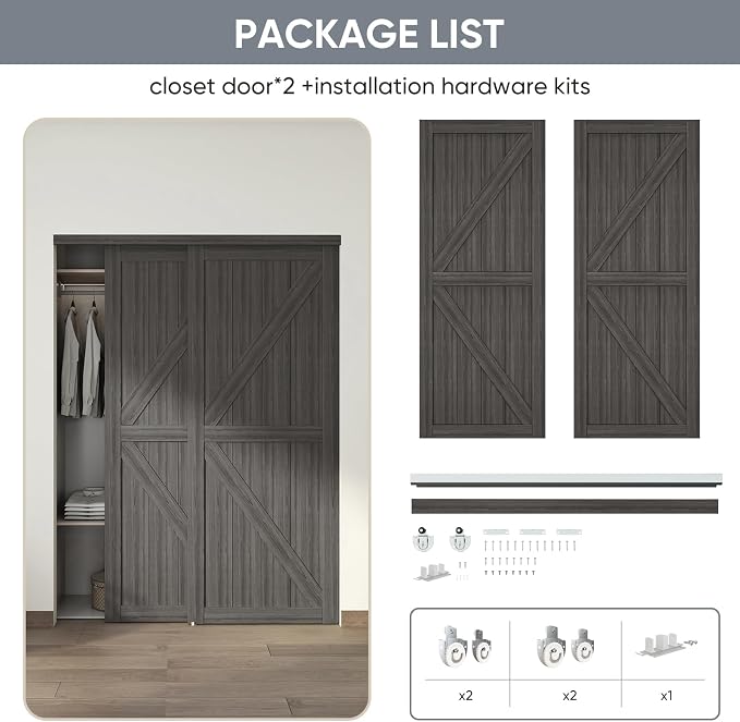 60"(Double 31") x80 Sliding Closet Door, K Style Bypass Closet Door with Hardware Kit & Matching Fascia, Preassembled Solid Wood Slab with Water-Proof PVC Surface, Easy to Install, Gray