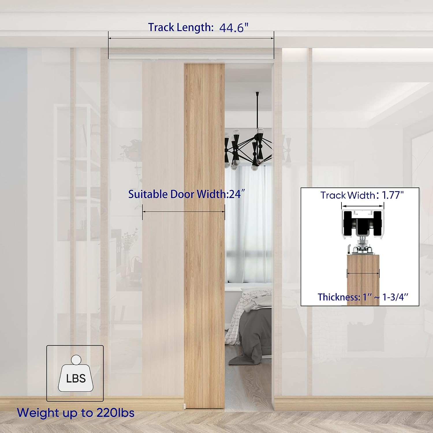 4FT Commercial Grade Pocket Door Hardware and Track Set, Sliding Door Hardware 44.69", Durable and Smoothly