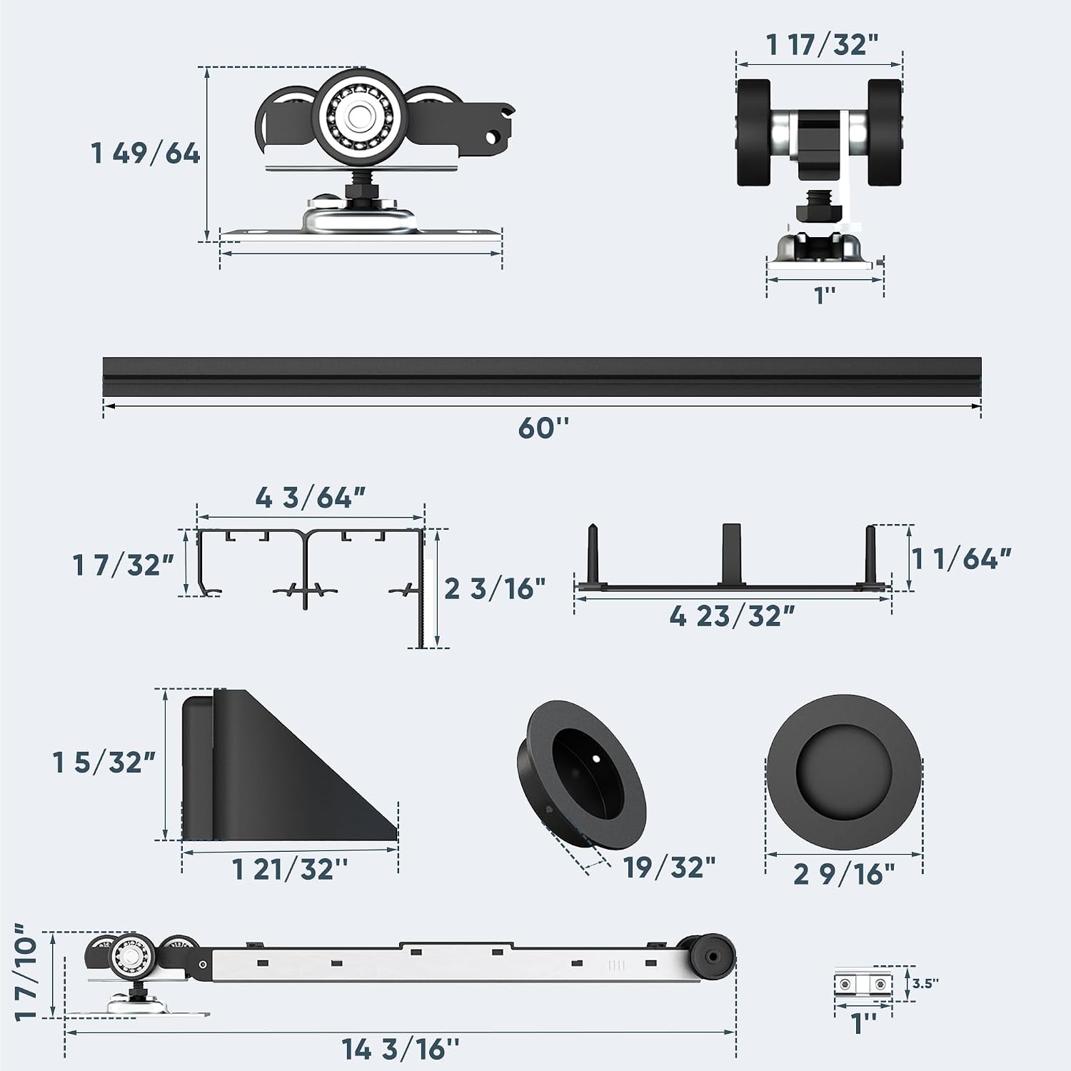 5FT/60 Heavy Duty Bypass Door Hardware with Soft Close Mechanism, Sturdy Closet Door Track for 2 Door System, Quietly and Smoothly, Fit Door Thickness 1 3/8" or 1 3/4", Easy to Install, Black