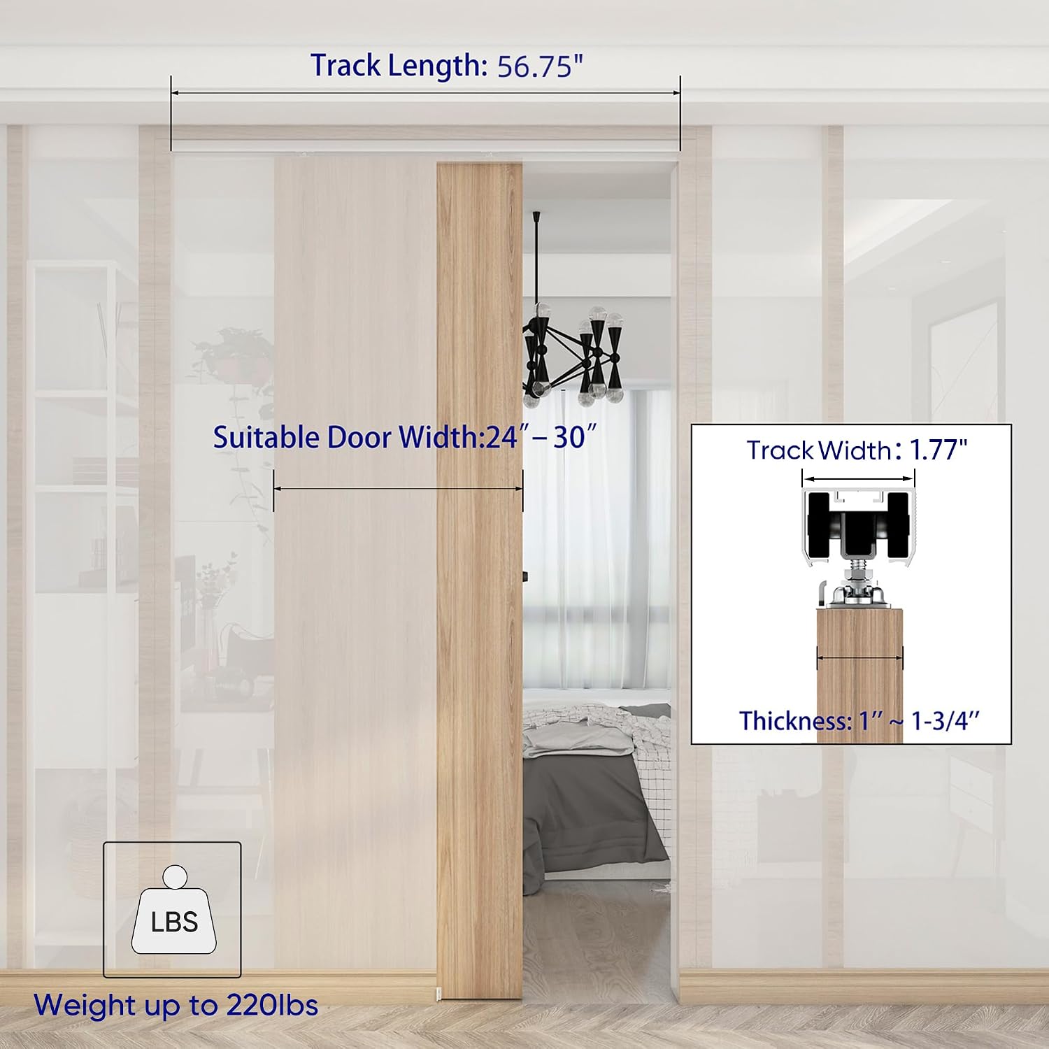 5FT Commercial Grade Pocket Door Hardware and Track Set, Sliding Door Hardware 56.7", Durable and Smoothly