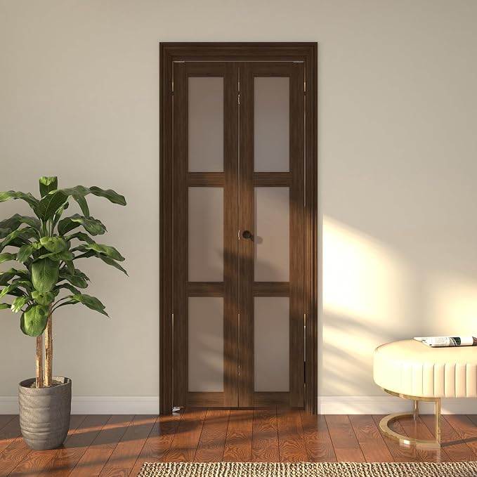 Bifold Closet Door, 30Inch Bi fold Interior Doors with Hardware Kit Include, 3-lite Tempered Frosted Glass Doors, Solid Wood Closet Door with MDF & Water-Proof PVC Surface, Brown
