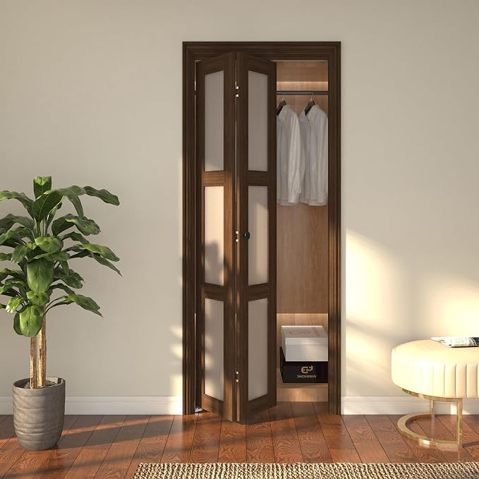 Bifold Closet Door, 30Inch Bi fold Interior Doors with Hardware Kit Include, 3-lite Tempered Frosted Glass Doors, Solid Wood Closet Door with MDF & Water-Proof PVC Surface, Brown