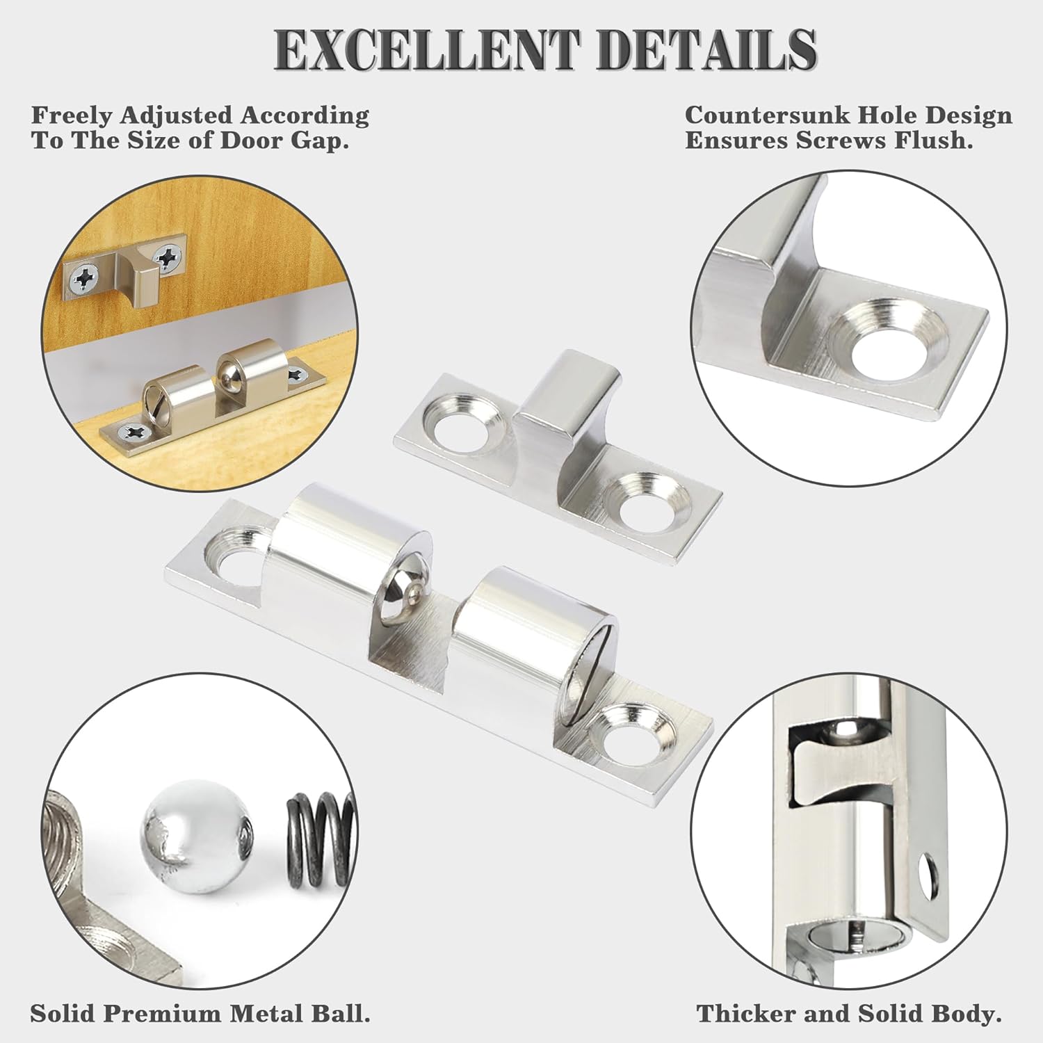 Adjustable Double Ball Tension Roller Catch Latch Brass Cabinet Door Latch,67mm Solid Metal Cabinet Latches and Catches,Pack of 4