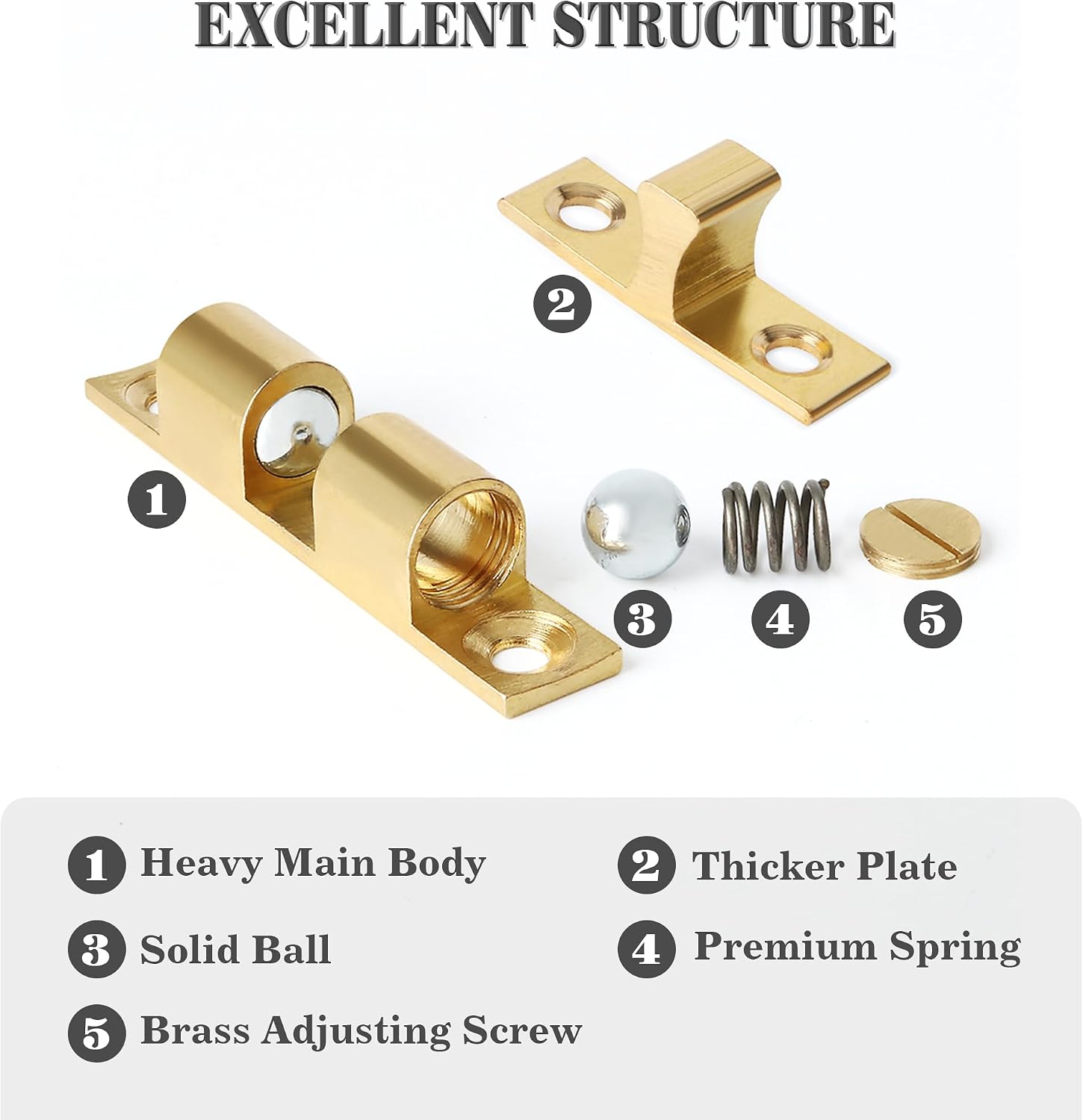 Double Roller Catch Cabinet Latches,Adjustable Double Ball Tension Roller Catch Latch Brass Cabinet Door Latch,67mm Solid Brass Cabinet Latches and Catches,Pack of 4
