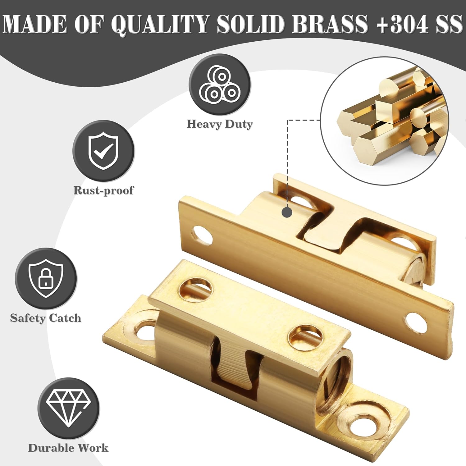 Double Roller Catch Cabinet Latches,Adjustable Double Ball Tension Roller Catch Latch Brass Cabinet Door Latch,67mm Solid Brass Cabinet Latches and Catches,Pack of 4