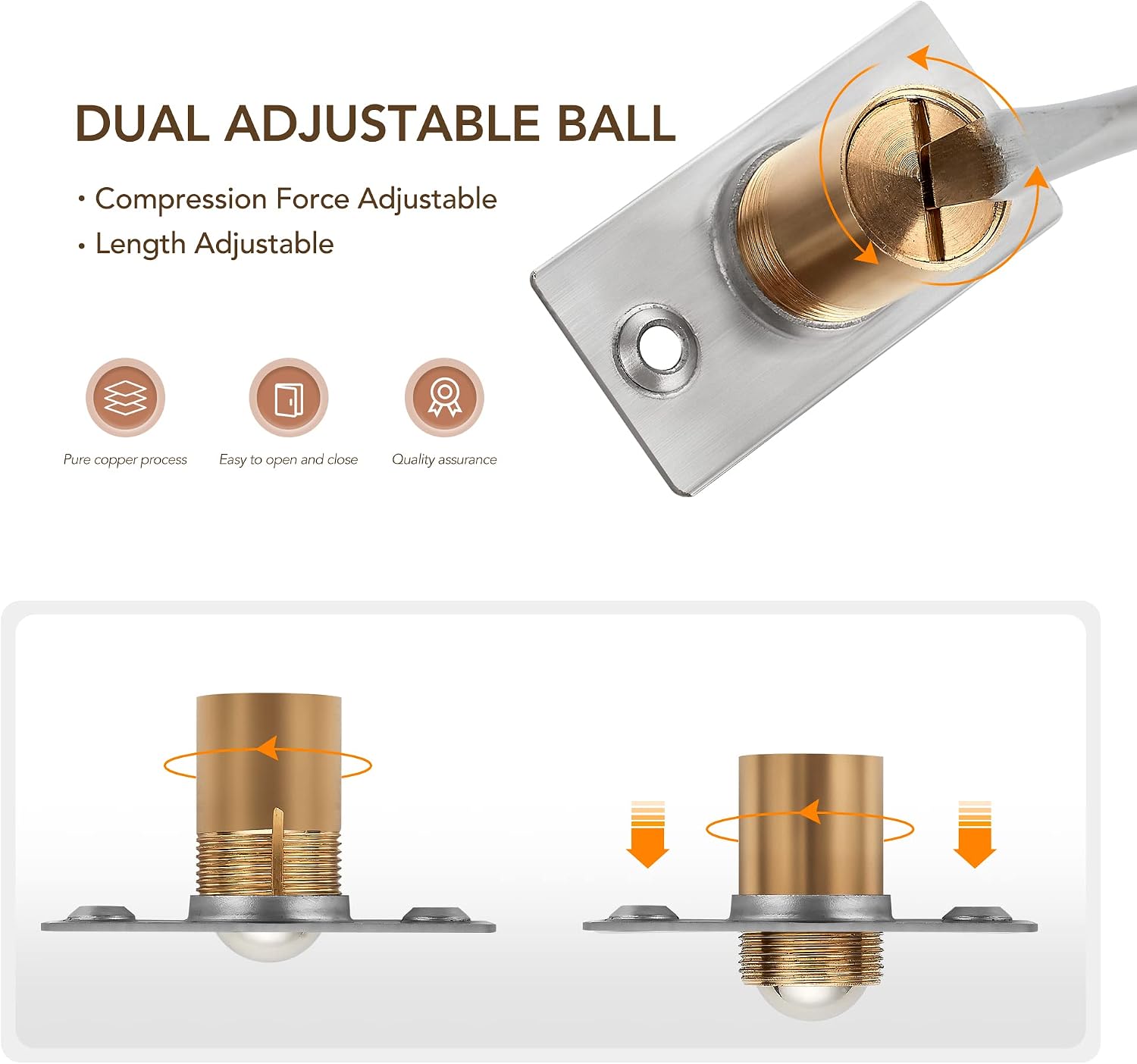 2 Pack Adjustable Door Ball Catch, Silver Closet Door Latch, Solid Brass Body & Stainless Steel Strike Plate