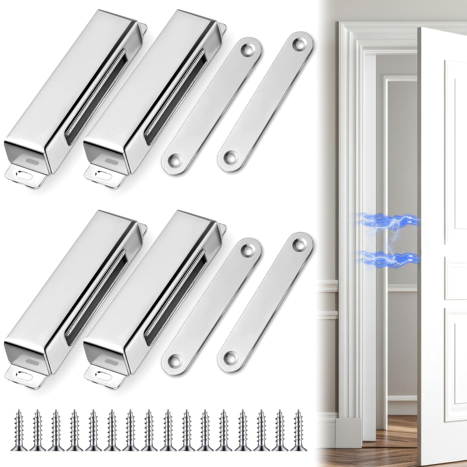 4 Pcs Magnetic Door Catch 150lb Stainless Steel Heavy Duty Strong Magnetic Cabinet Magnets for Closure Wardrobe Closet Cupboard Kitchen Bathroom Room Automatic