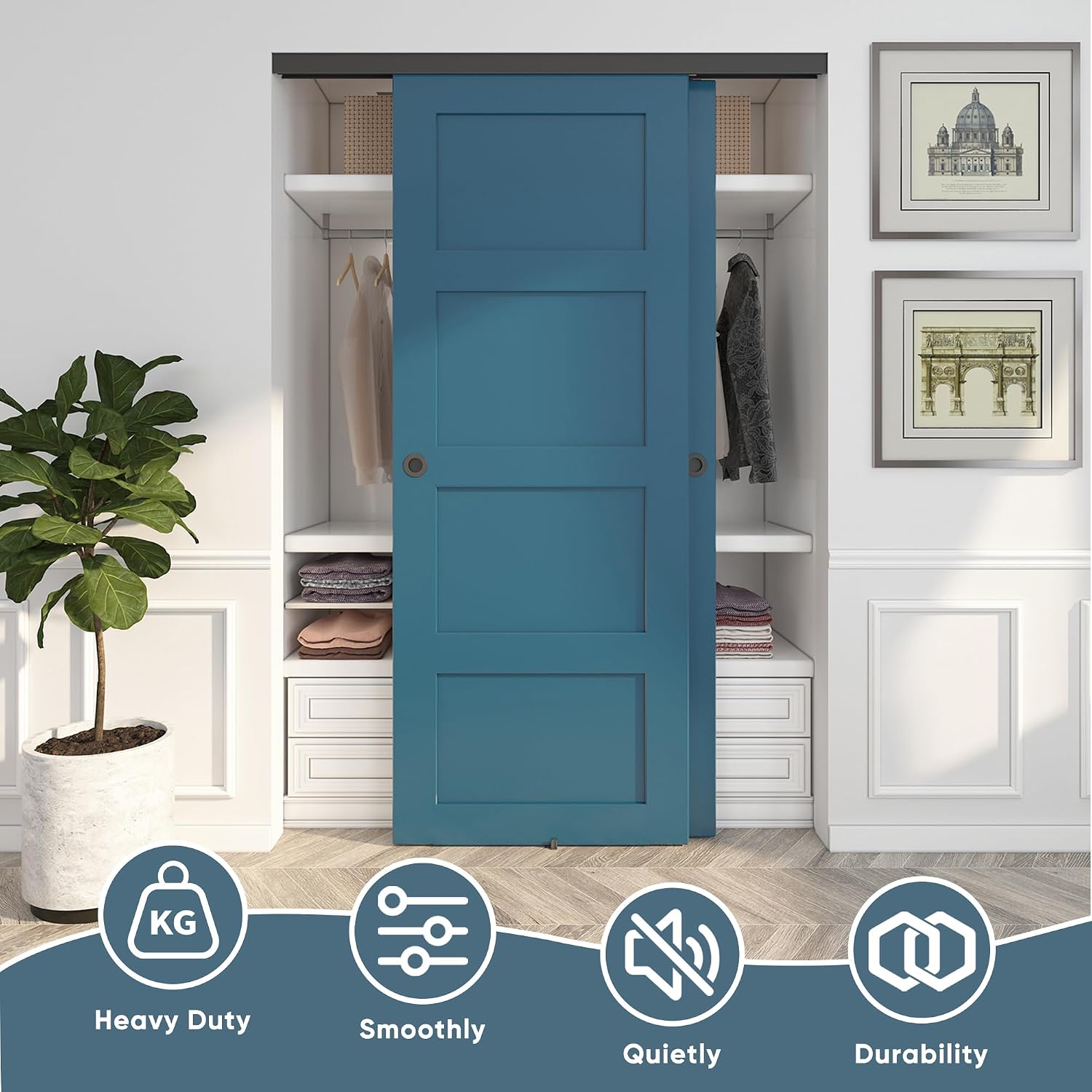 5FT Heavy Duty Bypass Door Hardware with Finger Pulls,Sturdy Aluminum Sliding Closet Door Track for 2 door System,Quietly and Smoothly,Fit Door Thickness 1 3/8" or 1 3/4",Easy to Install