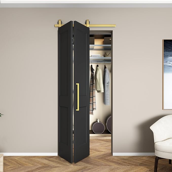 36 in. x 84 in. Bi-fold Barn Door, 2 Panel Bi-Fold Sliding Barn Door Hollow Core Interior Folding Doors with Brushed Gold Finish Hardware Kits Include, Vinyl Wrapped Textured Black