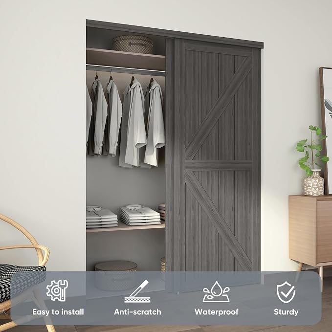 60"(Double 31") x80 Sliding Closet Door, K Style Bypass Closet Door with Hardware Kit & Matching Fascia, Preassembled Solid Wood Slab with Water-Proof PVC Surface, Easy to Install, Gray