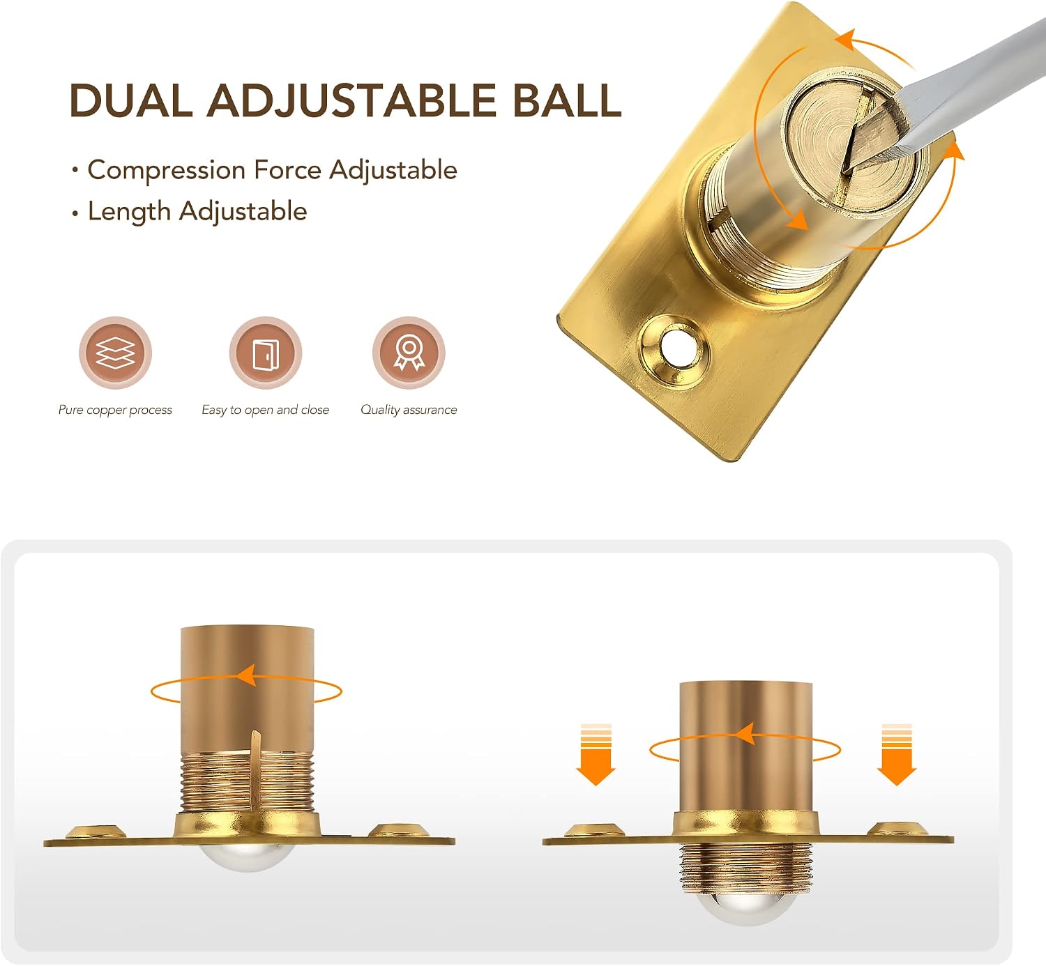 2 Pack Adjustable Door Ball Catch, Silver Closet Door Latch, Solid Brass Body & Stainless Steel Strike Plate