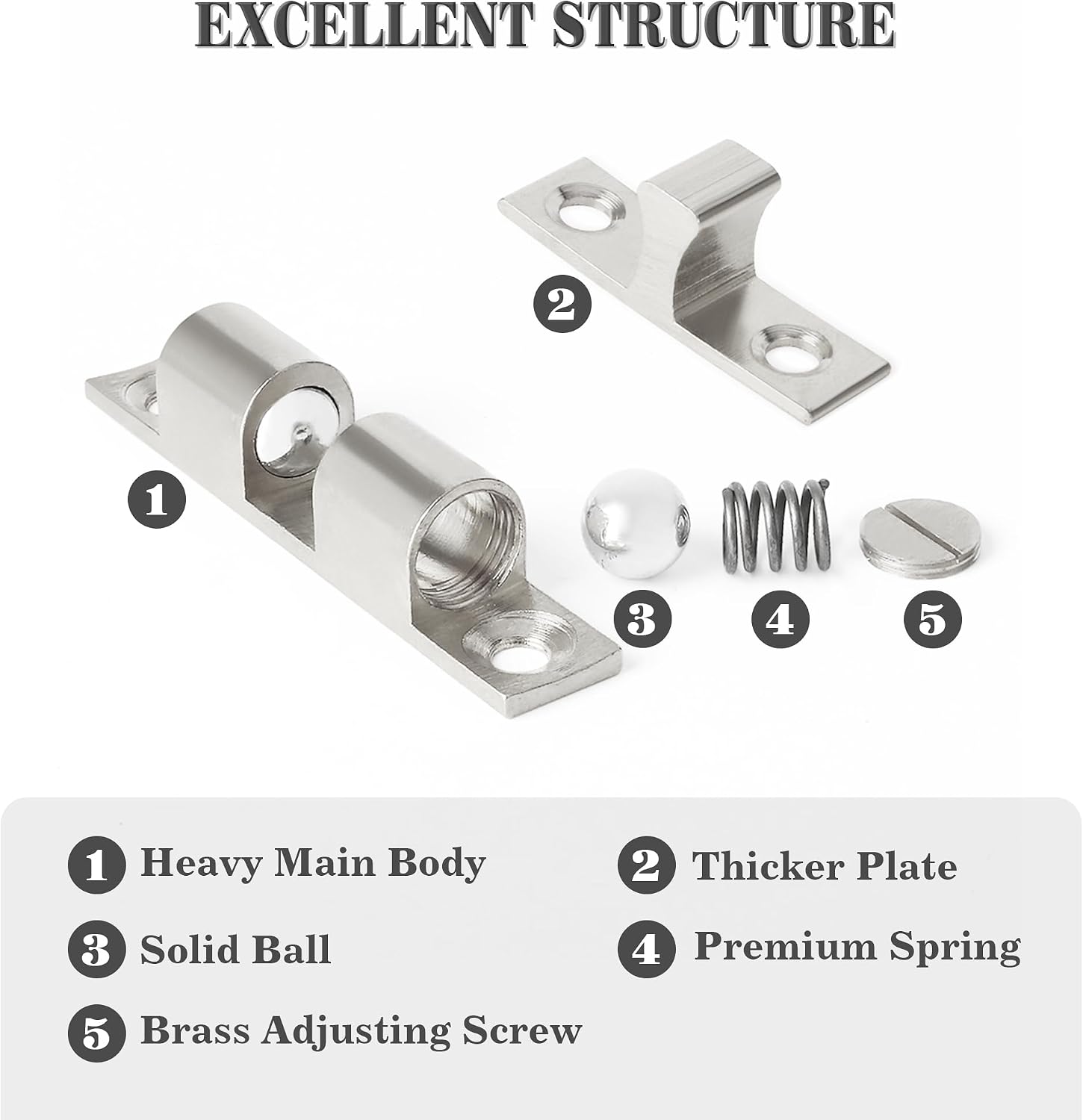 Adjustable Double Ball Tension Roller Catch Latch Brass Cabinet Door Latch,67mm Solid Metal Cabinet Latches and Catches,Pack of 4