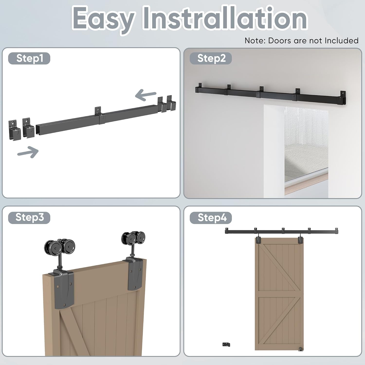 8FT Box Rail Exterior Barn Door Hardware Kit, Heavy-Duty Black Sliding Barn Door Track System, Wall Mount Door Hardware Kits (Door Not Included)