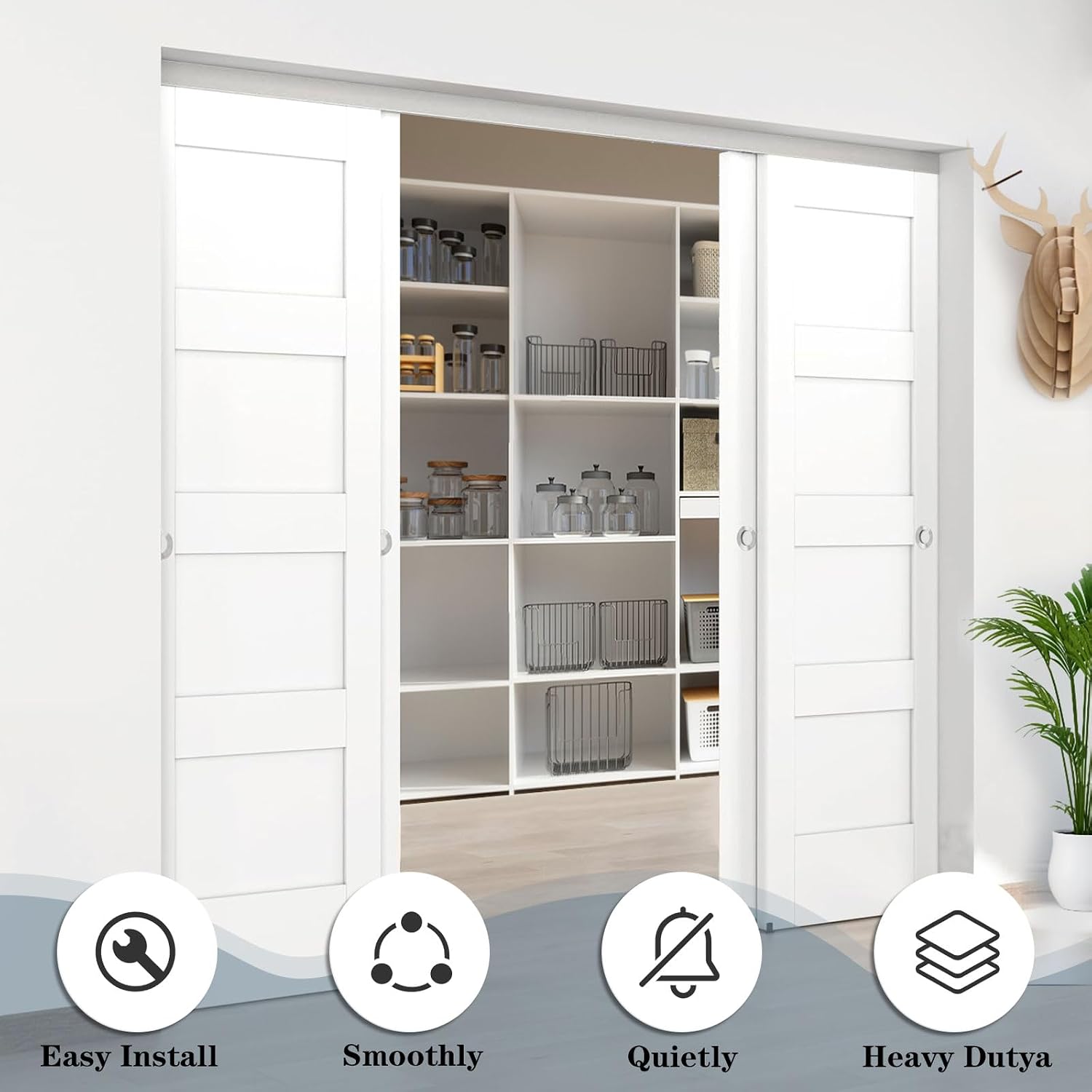 8FT/96" Bypass Door Hardware,Heavy Duty Aluminum Sliding Closet Door Hardware Set with Finger Pulls for 4 Doors System,Sturdiness and Smoothly,Easy to Insatll