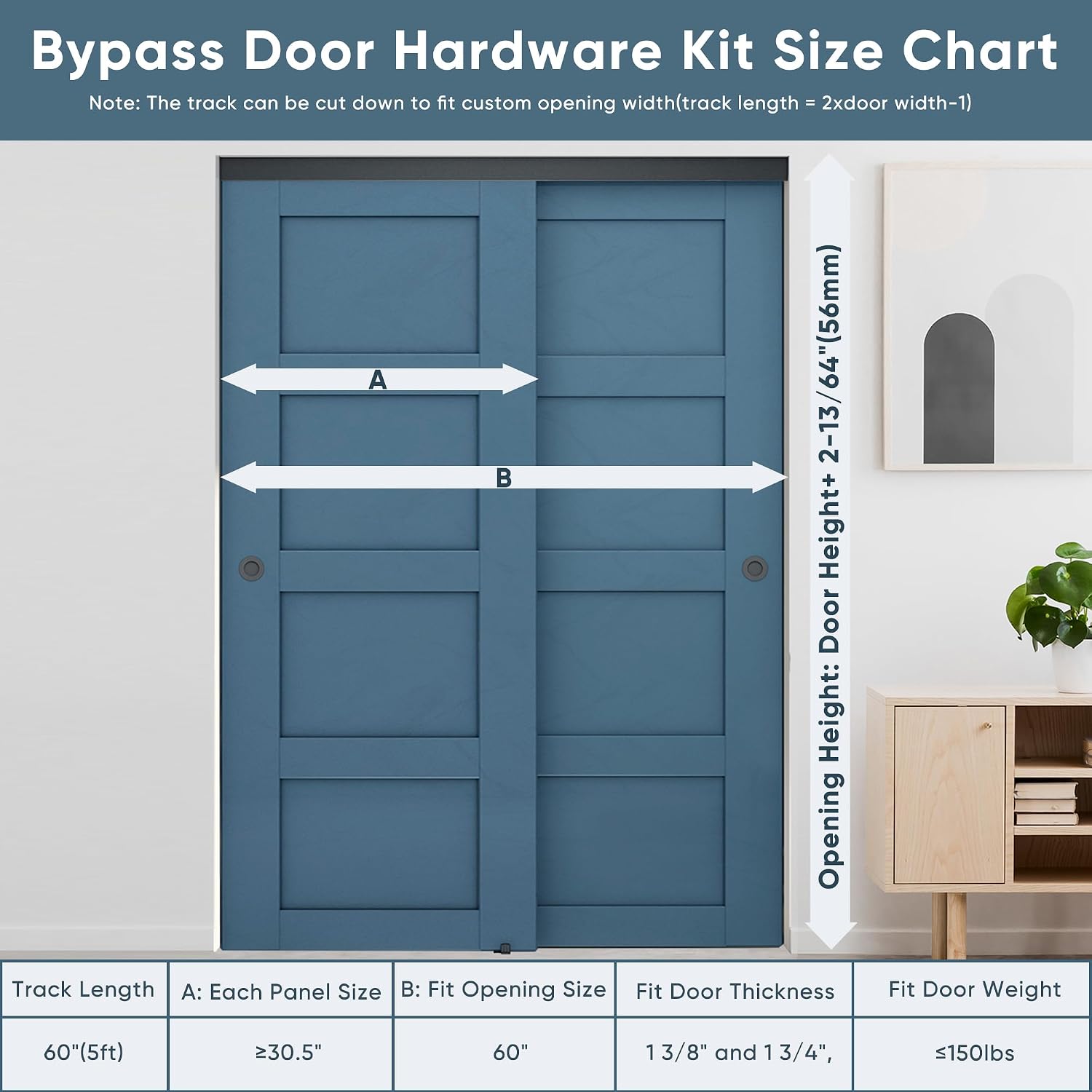 5FT/60 Heavy Duty Bypass Door Hardware with Soft Close Mechanism, Sturdy Closet Door Track for 2 Door System, Quietly and Smoothly, Fit Door Thickness 1 3/8" or 1 3/4", Easy to Install, Black