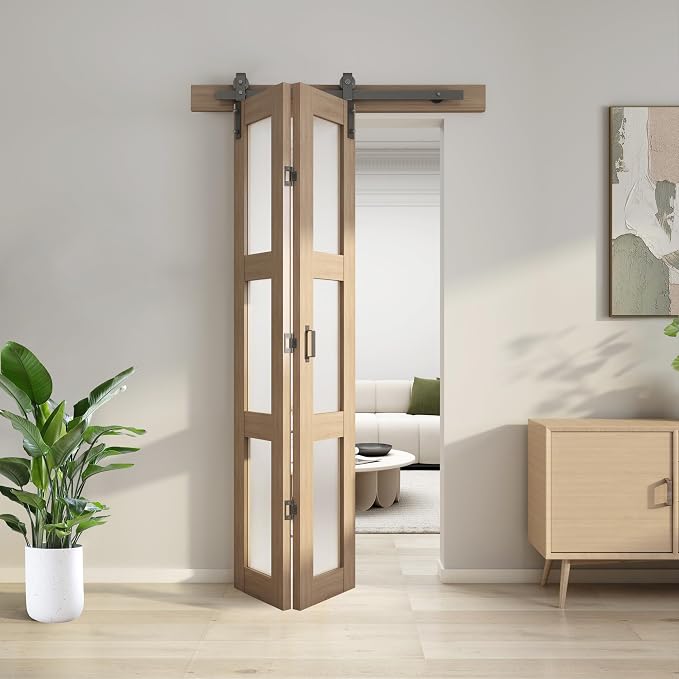 Bifold Glass Barn Door, 36Inch Bi Fold Sliding Barn Door Kit with Hardware Include, 3-Panel Glass Barn Door Slab, Solid Wood Barn Door with MDF & Water-Proof PVC Surface, Brown