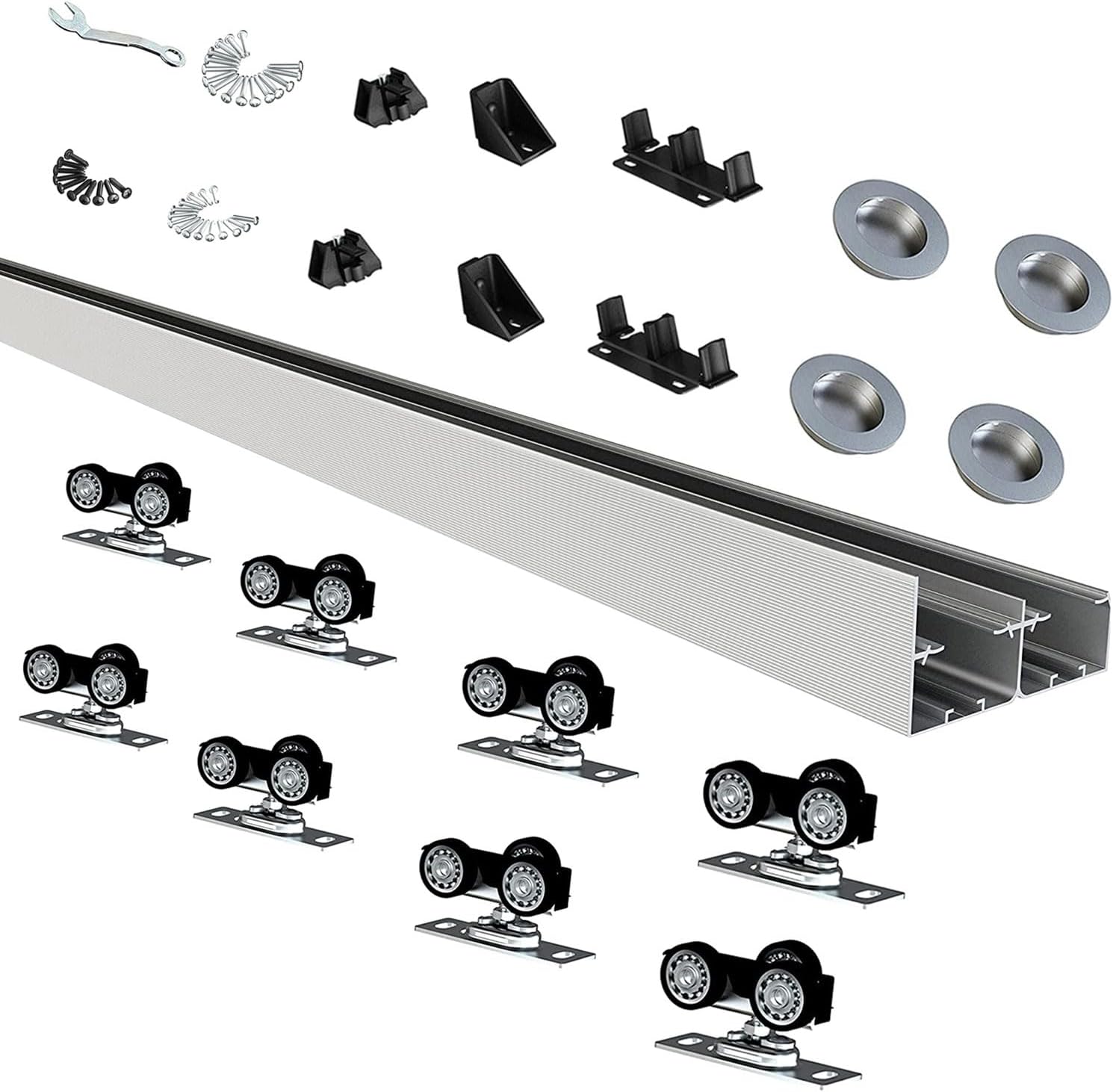 8FT/96" Bypass Door Hardware,Heavy Duty Aluminum Sliding Closet Door Hardware Set with Finger Pulls for 4 Doors System,Sturdiness and Smoothly,Easy to Insatll