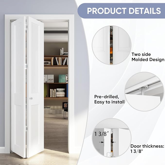 24in. x 80in. Bifold Door, 2 Panel Primed Bifold Interior Doors, Hollow Core Bi Fold Closet Door with Hardware Kit Include, Folding Doors for Laundry, Pantry & Bedroom