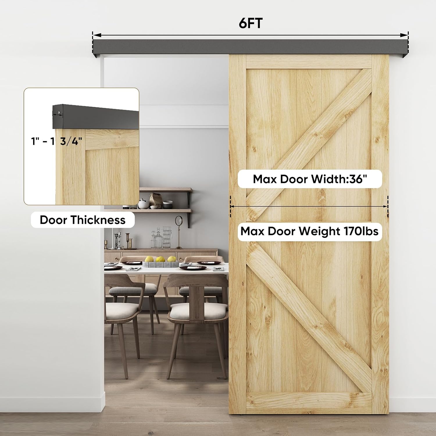 6FT Barn Door Hardware Kit, Aluminium Alloy Box Rail Hardware, Low Clearance Sliding Door Track for Classic Modern Interior Single Wooden Door