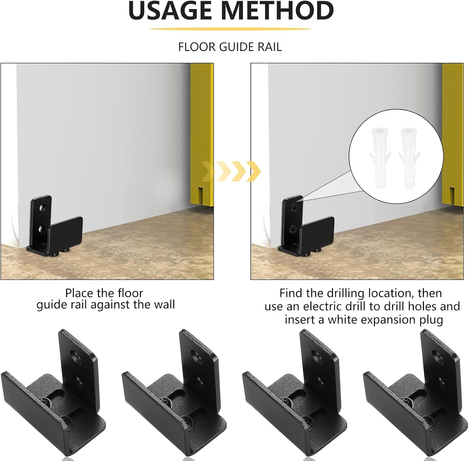 Sliding Barn Door Bottom Floor Guide, 4 Pcs U Shape Sliding Barn Door Hardware, Black Adjustable Floor Guide Wall Mount & Flush Flat Bottom Design for Door Cabinet, Up to 1-7/16" W 1-7/8" H