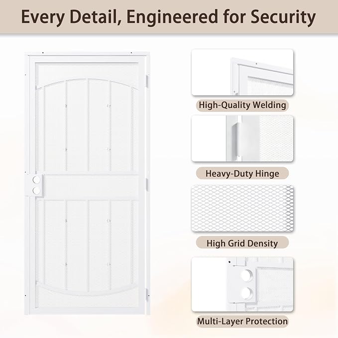  36" x 80" Steel Security Door, Universal/Reversible Outswing Security Screen Door, White Powder-Coated Surface Mount Frame with Expanded Metal Screen, Rust-Resistant, No Handles Included