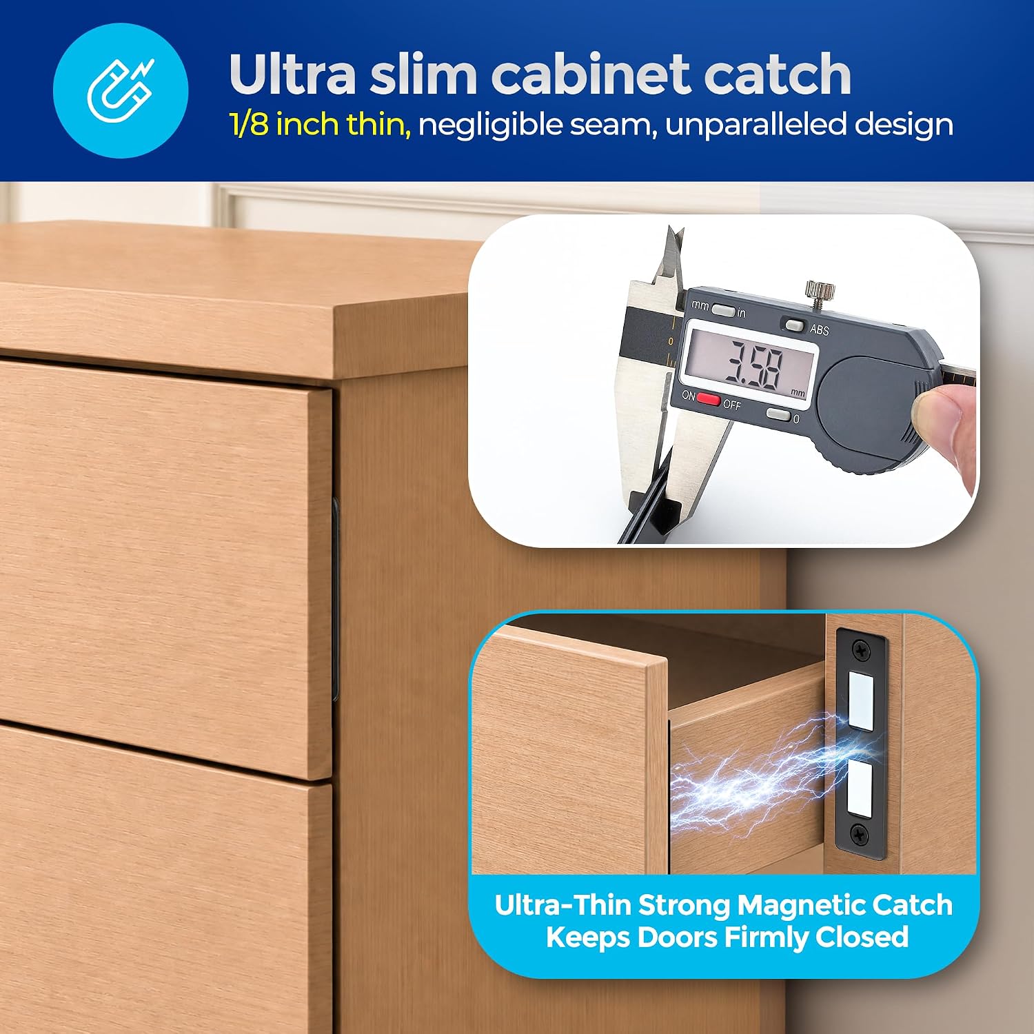 8 Pack Adhesive Cabinet Magnets for Closure, Black | Ultra-Thin Strong Magnetic Door Latch for Closets & Drawers