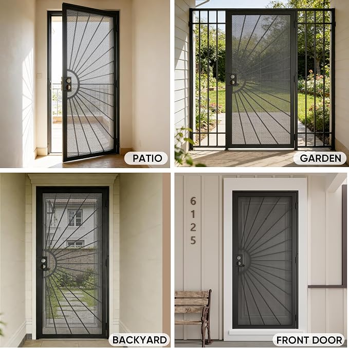 32 in. x 80 in. Security Door, Exterior Front Entry Door, Outswing Steel Security Door with Perforated Metal Screen, Powder Coated Black, Lock Not Include