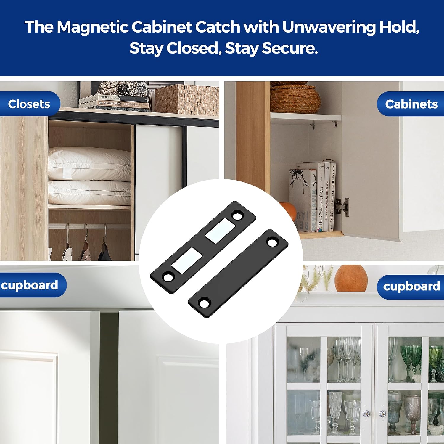 8 Pack Adhesive Cabinet Magnets for Closure, Black | Ultra-Thin Strong Magnetic Door Latch for Closets & Drawers