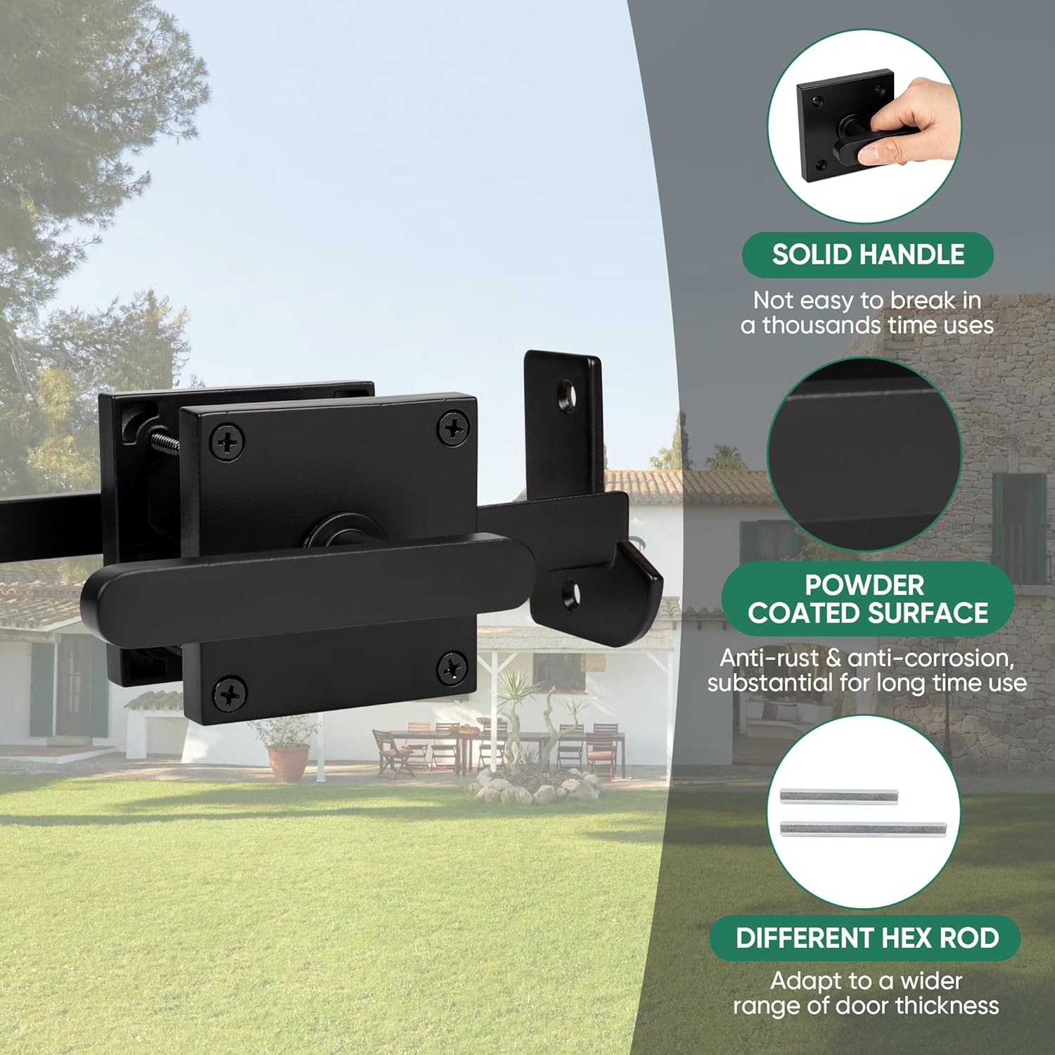 Double Side Gate Latch, Heavy Duty Swinging Door Latch Gate Hardware for Left Inswing Outdoor Fence, Wooden Gates, Pool Gate, Backyard