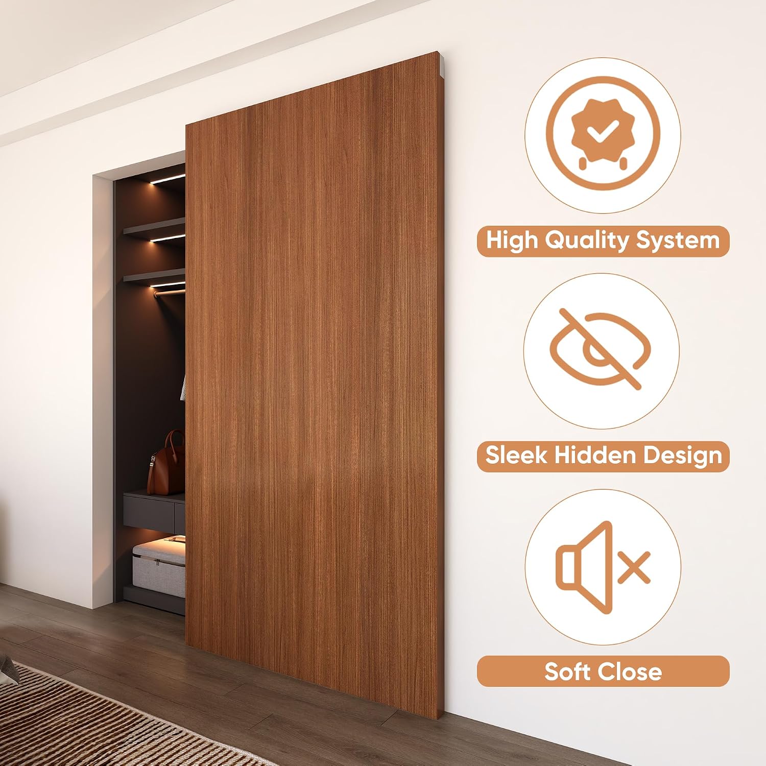 30" Concealed Barn Door Hardware Kit with Soft Close Mechanism, Wall Mounted Invisible Sliding Door Track for Opening Width 22" to 26", Hidden Barn Door Hardware Kit, Door Needs Groove