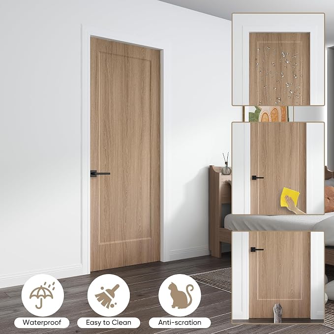 30"x80" 1-Panel Prefinished Laminate Oak Wood Finish Hollow Core Interior Door Slab, NOT Pre-drilled and NOT Included Hardware, Pre-Assembled Waterproof Shaker Style Slab Door