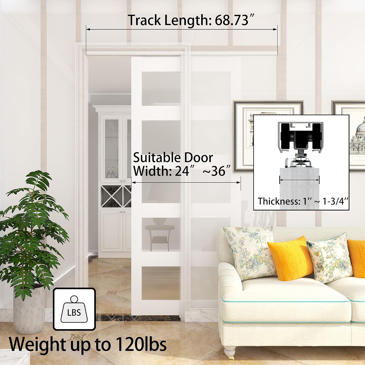 6FT Commercial Grade Pocket Door Hardware and Track Set with Soft Close Mechanism, Sliding Door Hardware for Door Wide 24"-36", Durable and Smoothly