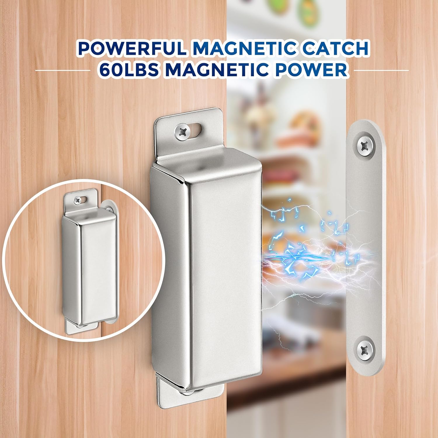 Silver Magnetic Door Catch Cabinet Magnets 60lbs 2 Pack | Concealed Magnetic Latch, Cabinet Door Closure, For Cupboards, Drawers, Wardrobes