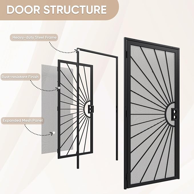 32 in. x 80 in. Security Door, Exterior Front Entry Door, Outswing Steel Security Door with Perforated Metal Screen, Powder Coated Black, Lock Not Include