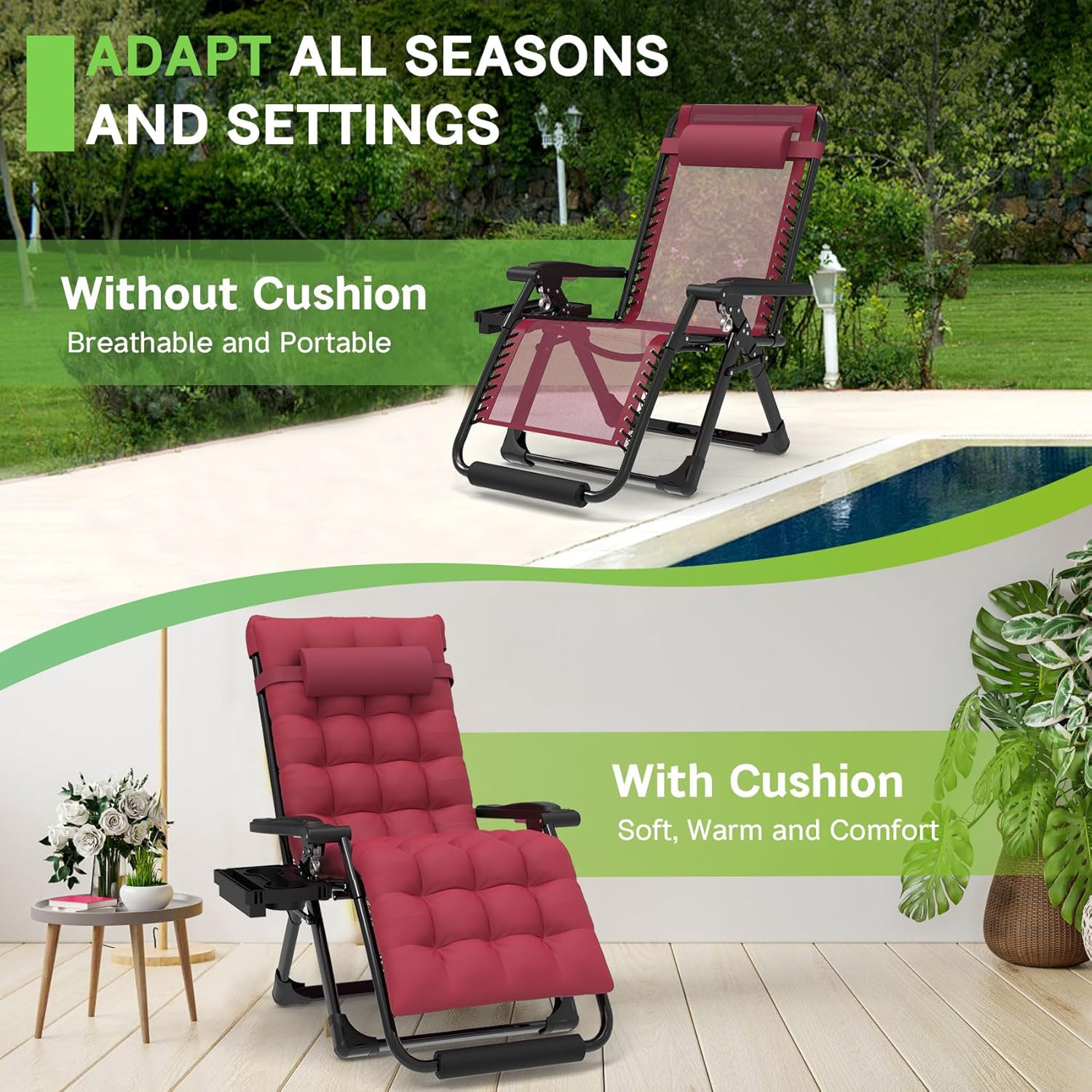 29In XL Zero Gravity Chair w/Cushion, Zero Gravity Recliner Lounge Chair for Indoor and Outdoor