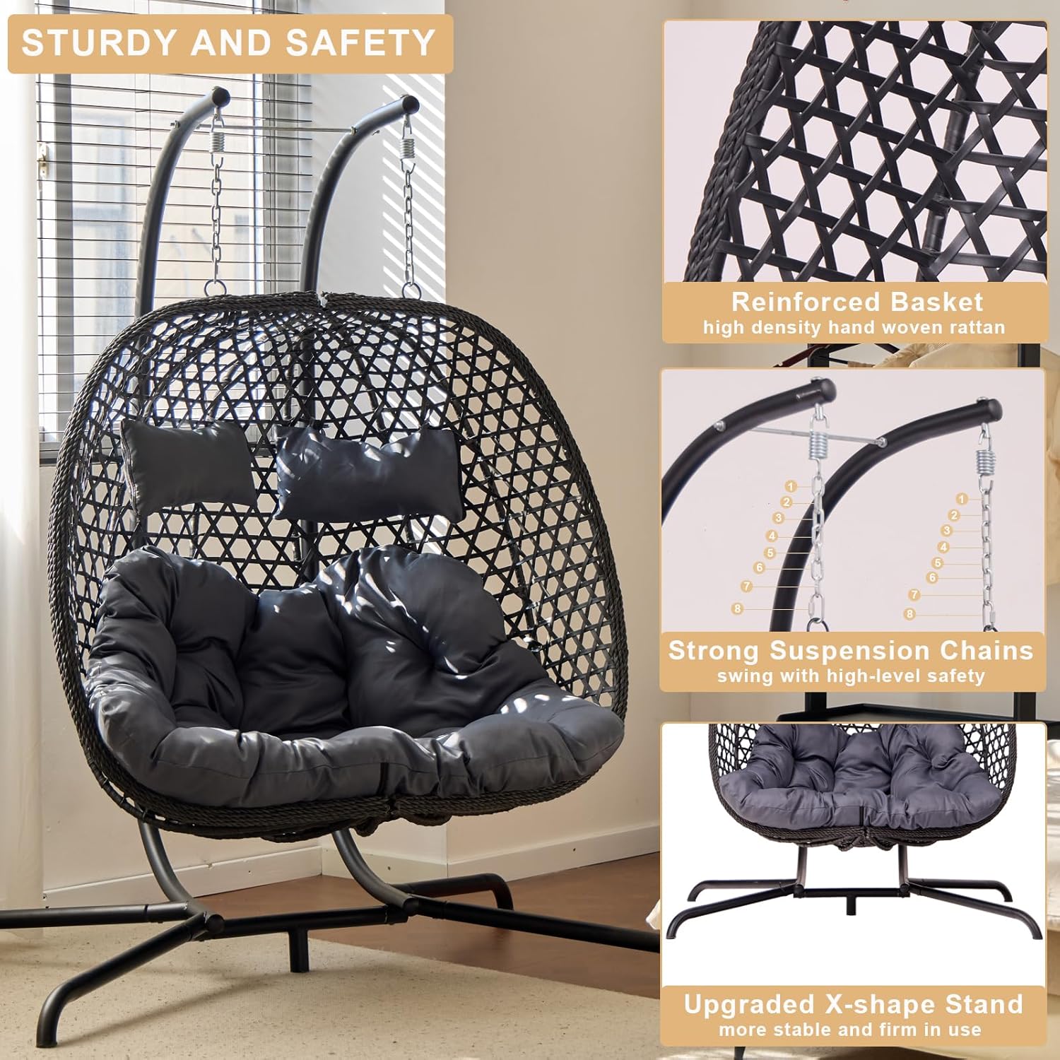 Double Hanging Swing Egg Chair with Stand