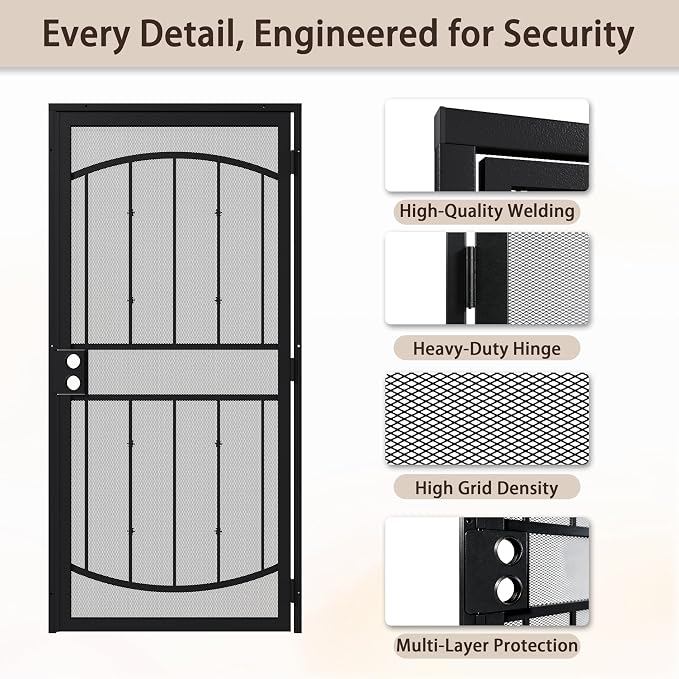 36" x 80" Steel Security Door, Universal/Reversible Outswing Security Screen Door, Black Powder-Coated Surface Mount Frame with Expanded Metal Screen, Rust-Resistant, No Handles Included