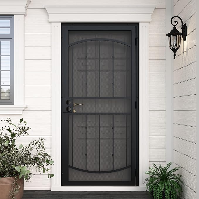 36" x 80" Steel Security Door, Universal/Reversible Outswing Security Screen Door, Black Powder-Coated Surface Mount Frame with Expanded Metal Screen, Rust-Resistant, No Handles Included