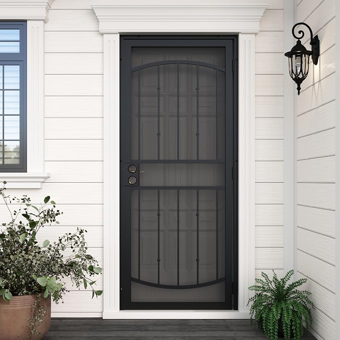  32" x 80" Steel Security Door, Universal/Reversible Outswing Security Screen Door, Black Powder-Coated Surface Mount Frame with Expanded Metal Screen, Rust-Resistant, No Handles Included