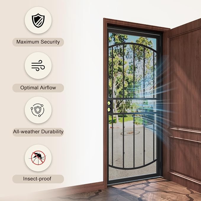 36" x 80" Steel Security Door, Universal/Reversible Outswing Security Screen Door, Black Powder-Coated Surface Mount Frame with Expanded Metal Screen, Rust-Resistant, No Handles Included