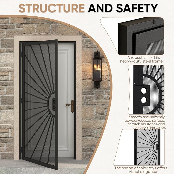  32 in. x 80 in. Security Door, Exterior Front Entry Door, Outswing Steel Security Door with Perforated Metal Screen, Powder Coated Black, Lock Not Include