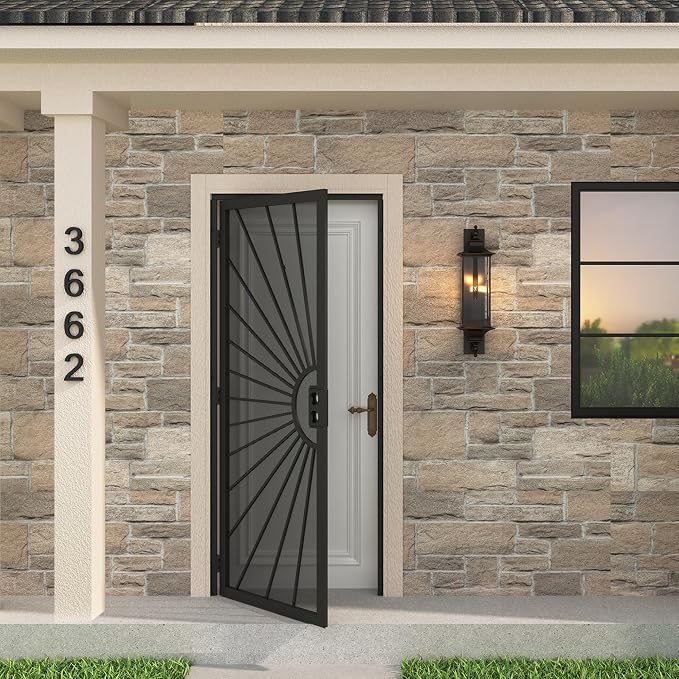 32 in. x 80 in. Security Door, Exterior Front Entry Door, Outswing Steel Security Door with Perforated Metal Screen, Powder Coated Black, Lock Not Include